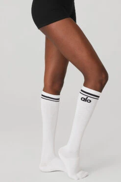 Women's Knee-High Throwback Barre Sock - White/Black -Attire Mew Sales A0328W 0001 b1 s1 a2 1 m100