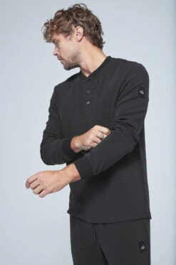 Micro Waffle Fast Break Henley - Black -Attire Mew Sales M3148R 01 b2 s3 a1 m73