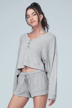 Alolux Soho Crop Henley - Athletic Heather Grey -Attire Mew Sales W3562R 02288 b2 s1 a1 m78