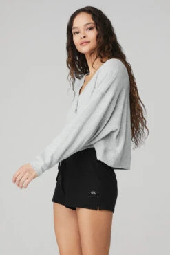 Alolux Soho Crop Henley - Athletic Heather Grey -Attire Mew Sales W3562R 02910 b1 s1 a2 1 m90